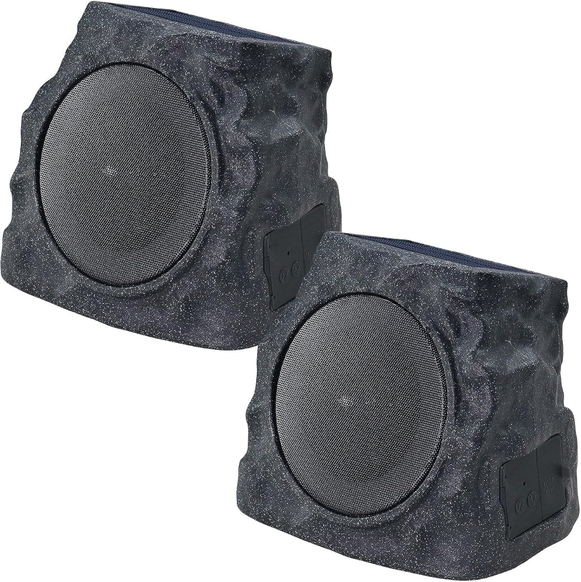 A pair of dark gray rock-shaped outdoor speakers with lit RGB rings