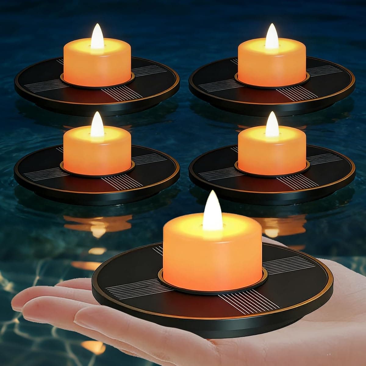 A hand holding a small round solar float with a lit tealight on top
