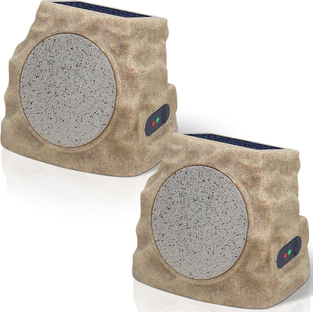 A pair of sandstone-colored rock-shaped outdoor speakers